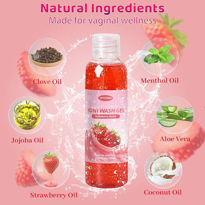 2 PCS Yoni Wash, Natural Feminine Wash for Women Ph Balance, Yoni Body Wash Vaginal Wash for Intimate Moisturizing Deodorant Remove Odor, Strawberry Scent