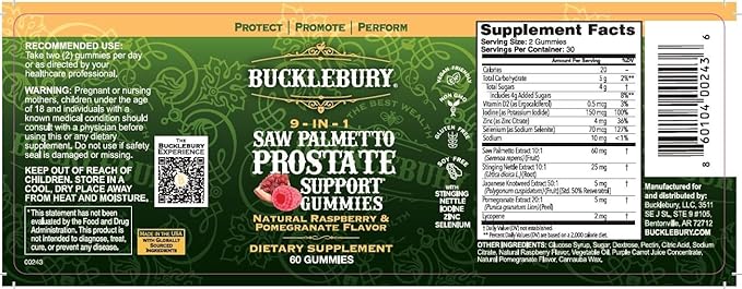 BUCKLEBURY 9-in-1 Natural Saw Palmetto Gummies with Raspberry & Pomegranate Flavor - Plant-Based Prostate Support Supplements for Mens Bladder Health, Hair Growth & Urinary Support - 60 Gummies