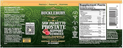 BUCKLEBURY 9-in-1 Natural Saw Palmetto Gummies with Raspberry & Pomegranate Flavor - Plant-Based Prostate Support Supplements for Mens Bladder Health, Hair Growth & Urinary Support - 60 Gummies