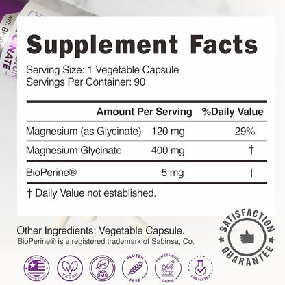 Pure Magnesium Glycinate 400mg - 5X Higher Absorption - Support Stress Relief, Sleep, Bone Health - 100% Chelated - Pure Magnesium Supplement for Women and Men- 90 Veggie Capsules