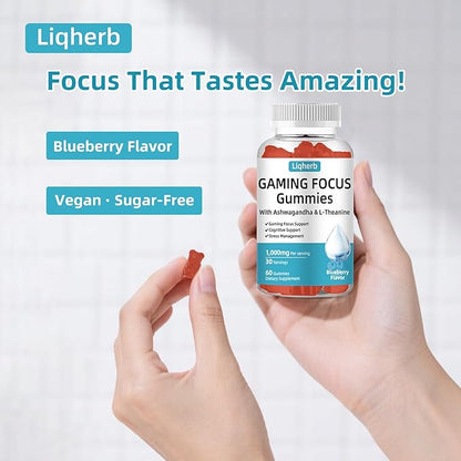 Focus Gummy for Gaming: with L-Theanine, Ashwagandha & Taurine, Stress Relief, Energy & Focus, for Gamers & Pros, Caffeine-Free, Sugar-Free Blueberry Flavor, Vegan, Non-GMO, Gluten Free, 60