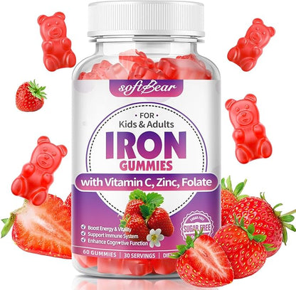 softbear Iron Gummies for Women & Men & Kids, Chewable Iron Supplements with Vitamin C,B3,B5,B6,B12 Supports Immune System, Energy & Vitality, Sugar-Free/Vegan, Strawberry Flavor 60 Count