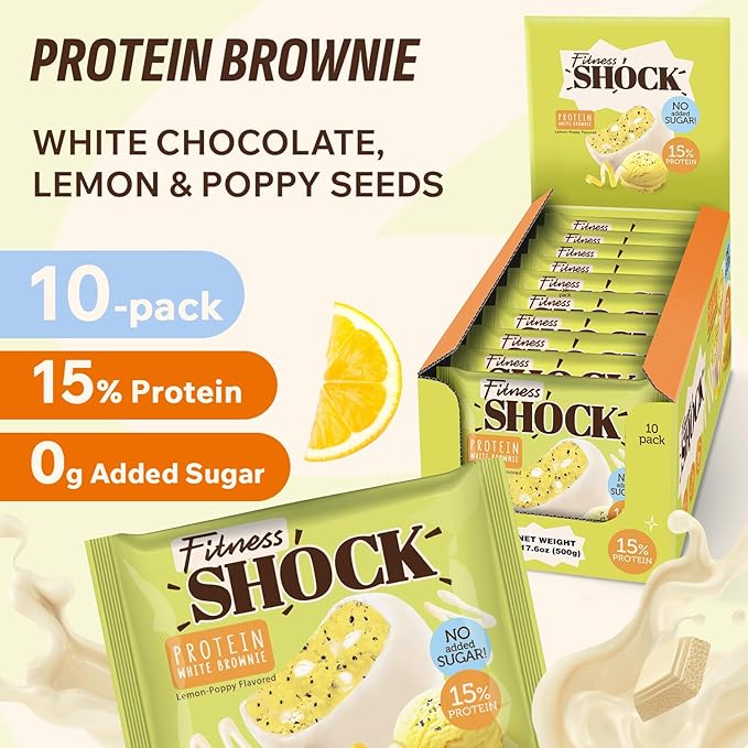 Fitness SHOCK Lemon Poppy Seed Protein White Brownie - No Added Sugar, 7.5g Protein, Low Carb Guilt-Free Dessert - 0g Added Sugar, 10g Net Carbs, 5g Fiber, Non-GMO - 10 x 50g