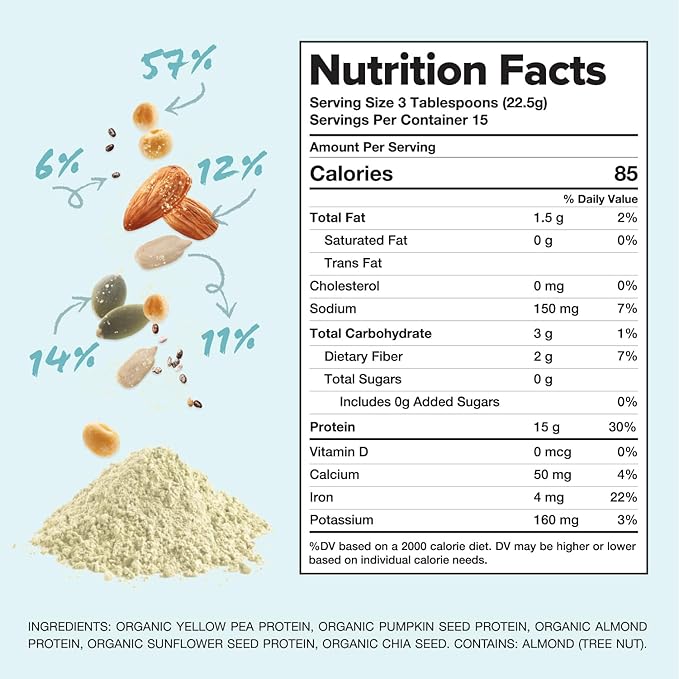 Complement Organic Unflavored Vegan Protein Powder (15 Servings) Low Carb, Low Calorie, Sugar Free, Soy Free, Non-GMO, Gluten Free, Non Dairy- Yellow Pea, Pumpkin Seed- 15g Plant Based Protein Powder