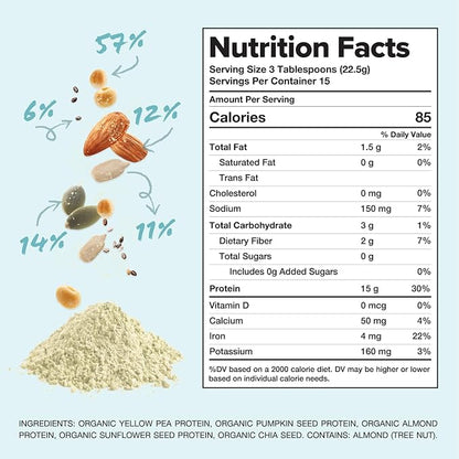 Complement Organic Unflavored Vegan Protein Powder (15 Servings) Low Carb, Low Calorie, Sugar Free, Soy Free, Non-GMO, Gluten Free, Non Dairy- Yellow Pea, Pumpkin Seed- 15g Plant Based Protein Powder