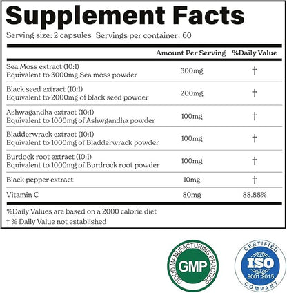 3000mg Iris Sea Moss, 2000mg Black Seed Oil, 1000mg Ashwagandha, 1000mg Burdrock Root, 1000 mg Bladderwrack with Black Pepper & Vitamin C |Vitality & Energy Support | All-in-one supplement| Pack of 2
