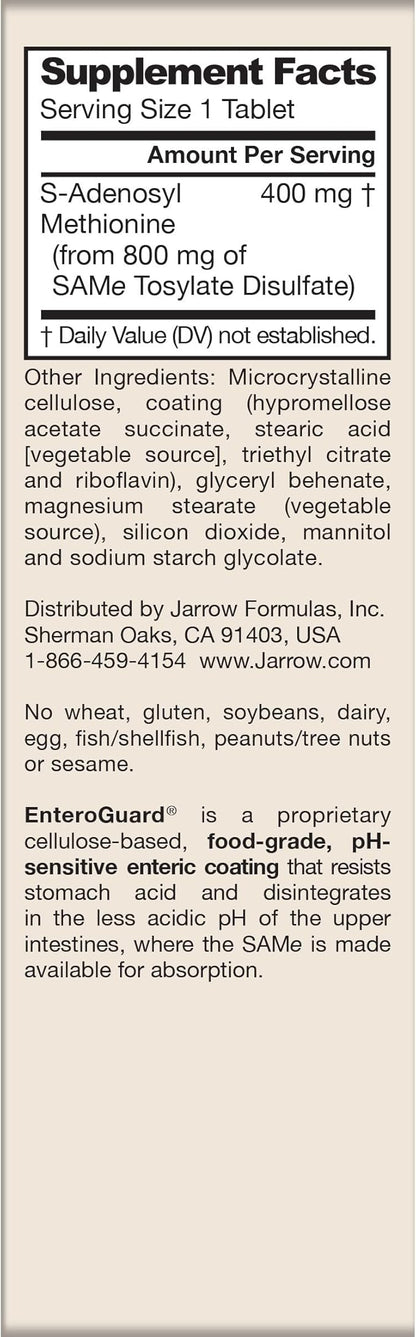 Jarrow Formulas SAMe Supplement 400 mg - 30 Tablets - High Concentration of Active S,S Form - Supports Joint Health, Liver Function, Brain Metabolism, Balanced Mood & Antioxidant Defense - 30 Servings