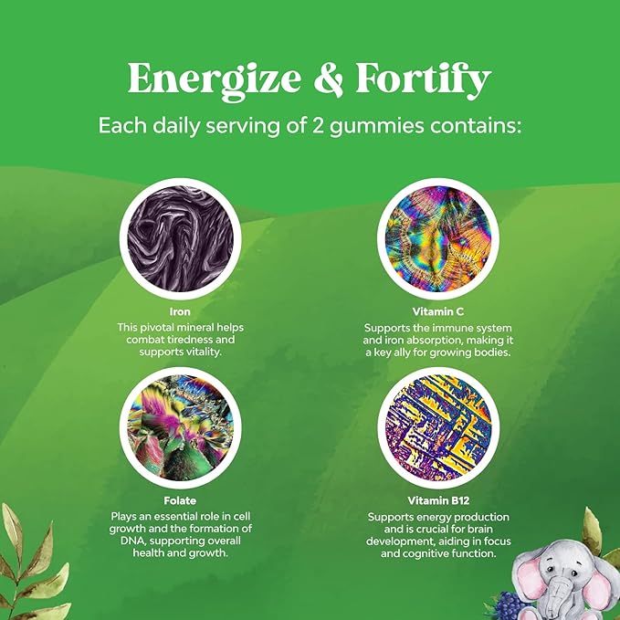 Kids Iron Gummies - Blood Builder Iron Supplements for Kids with Gentle for Stronger Immunity & Energy - Vitamin B12, Folate & Vitamin C Gummies - Vegan GMO & Gluten Free for Toddlers - 90 Count