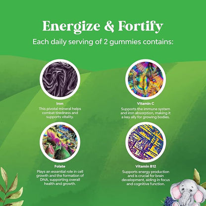 Kids Iron Gummies - Blood Builder Iron Supplements for Kids with Gentle for Stronger Immunity & Energy - Vitamin B12, Folate & Vitamin C Gummies - Vegan GMO & Gluten Free for Toddlers - 60 Count