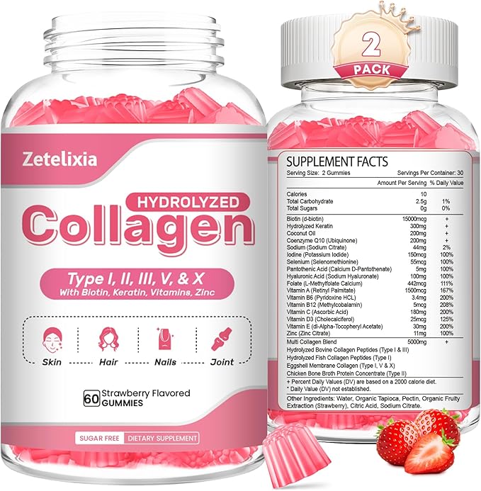 2 Pack Collagen Gummies for Women Men, Hydrolyzed Collagen Peptide Type I,II,III,V,X with Biotin, Vitamin C A B D E for Skin Hair Nails J0ints, Immunity Energy Digestion, Sugar Free, 120 Count