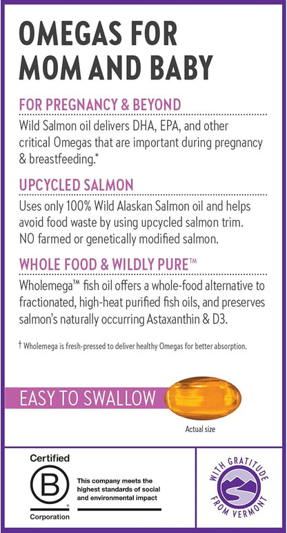 New Chapter Wholemega for Moms Fish Oil Supplement, Tiny Capsules, 2000mg per Serving, Prenatal DHA with Omega-3 + Vitamin D3 for Prenatal & Postnatal Support, 500mg Each - 180 Count