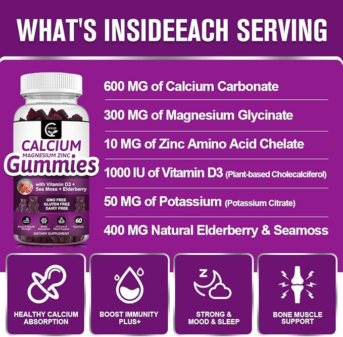 Calcium Magnesium Zinc Gummies with High Absorption Magnesium Glycinate 300mg, Potassium - Plant Complex Calcium Magnesium 2:1 Ratio, with D3 Sea Moss for Bone, Immune & Sleep Support, Vegan-1 Pack