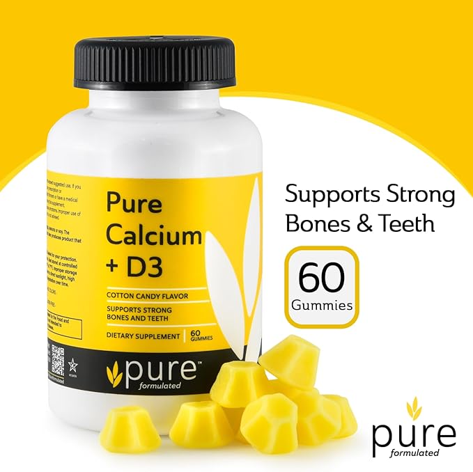Vegan Calcium with Vitamin D3 Strong Bone & Teeth Support Calcium with 1000 IU D3 Gummies for Adults & Kids, Kosher, Gluten-Free, Dairy-Free, 60 Gummies