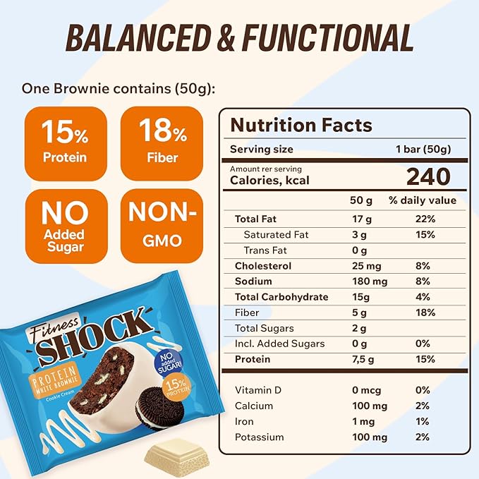 Fitness SHOCK Cookie Cream Protein White Brownie - No Added Sugar, 7.5g Protein, Low Carb Guilt-Free Dessert - 0g Added Sugar, 10g Net Carbs, 5g Fiber, Non-GMO - 10 x 50g