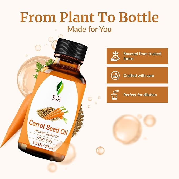 SVA Carrot Seed Oil - 1 Fl Oz – 100% Natural Cold Pressed Carrot Oil - for Face, Skin Care, Hair Care, Scalp Massage & Body Massage – Carrier Oil with Dropper