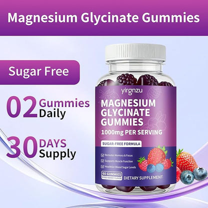 Magnesium Glycinate Gummies 1000mg, Sugar Free Magnesium Supplement with Potassium, Vitamin D, B6, CoQ10 for Sleep Support, Stress & Muscle Relief - 60 Mixed Berry Flavored Gummies