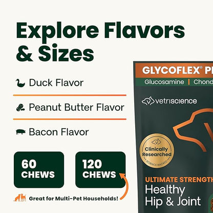 VetriScience Ultimate Strength Hip & Joint Supplement for Dogs, GlycoFlex Plus – MSM, Chondroitin & Green-Lipped Mussel Chews for Mobility, Flexibility, Comfort & Support, Bacon Flavor, 60 Cnt