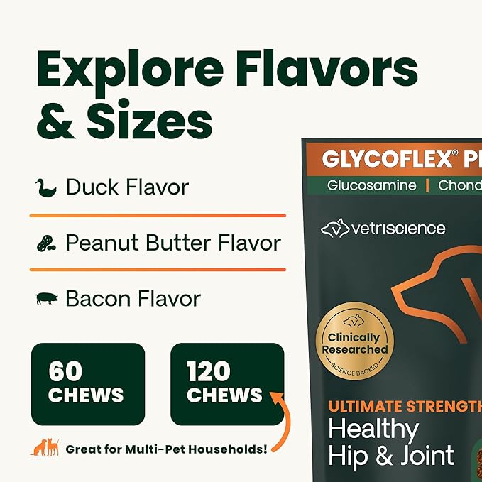 VetriScience Ultimate Strength Healthy Hip & Joint Chews, GlycoFlex Glucosamine,Chondroitin & Green-Lipped Mussel Support Supplement for Dogs, Soothe Joint Discomfort,Duck,60 Count (Pack of 2)