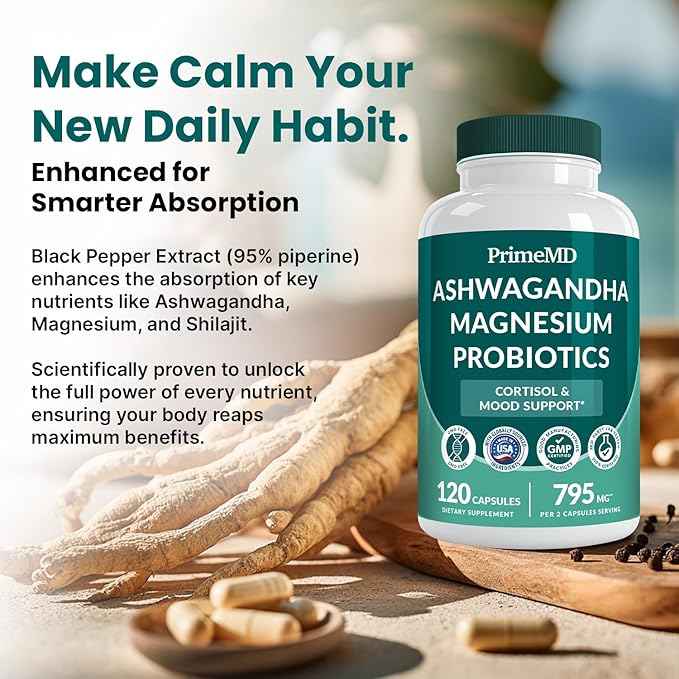 PrimeMD 5-in-1 Cortisol Supplement with Ashwagandha - Herbal Supplements with Shilajit Extract, Magnesium Glycinate, Probiotics (120 ct, Pack of 3)