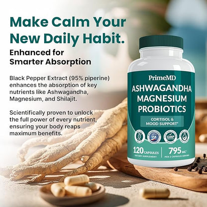 5-in-1 Cortisol Supplement for Women and Men with Ashwagandha for Calmness, Focus, and Adrenal Support Supplements with Shilajit Extract, Magnesium Glycinate, Probiotics (120 ct) (Pack of 1)