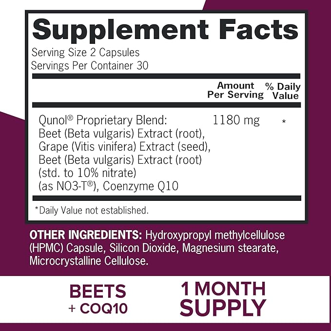 Qunol Blood Pressure Support, 3 in 1 Beets + CoQ10 + Grape Seed Extract, Beet Root Capsules That Supports Healthy Blood Circulation & Heart Healthy Energy, 60 Count (Pack of 4)