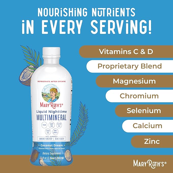 MaryRuth's Liquid Nighttime Multimineral | No Melatonin | Bedtime Routine | Magnesium Citrate | Calcium | Zinc | Vitamin D3| Available in 4 Flavor - Vegan | Sugar Free | Gluten Free | 32 Oz