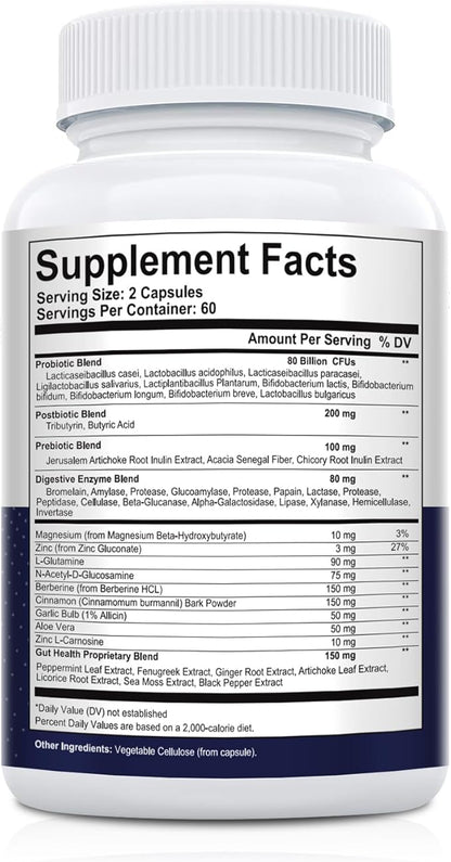 Probiotics for Digestive Health, 80 Billion CFU Probiotics, Prebiotics, Postbiotics & Digestive Enzymes, Gut Health Capsules with Berberine, Cinnamon, L-Glutamine, for Men & Women, 240 Counts