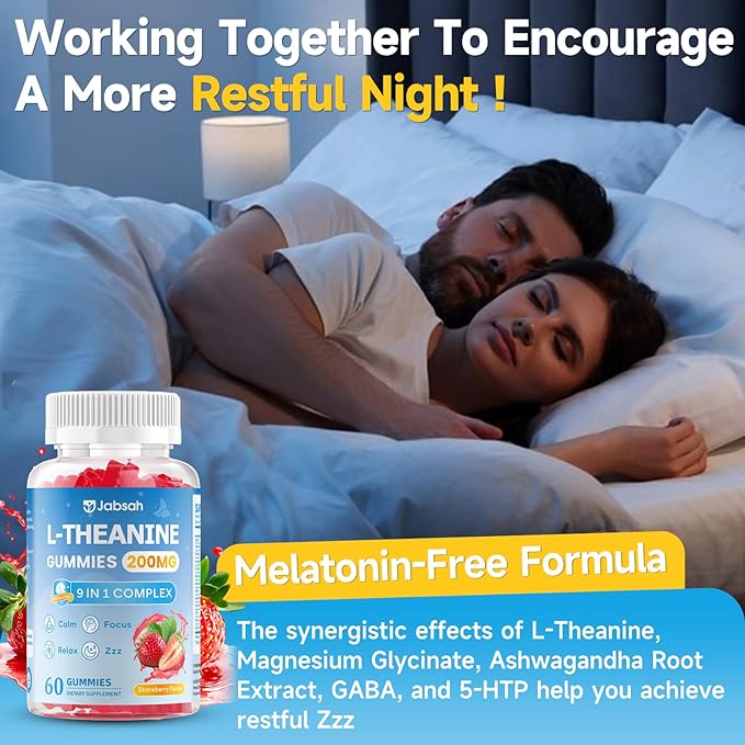 L-Theanine Gummies for Kids & Adults, L Theanine Supplement with Magnesium Glycinate, Ashwagandha, GABA, 5HTP for Calm, Relax, Zzz & Focus Support, Vegan Strawberry Flavor, 60 Count