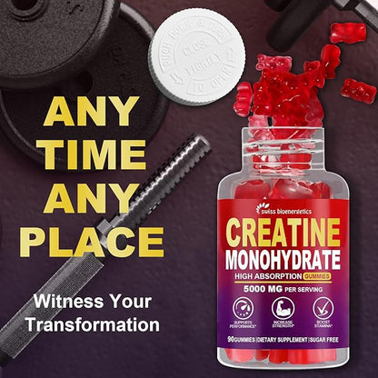 Creatine Monohydrate Gummies Infused with 5g Creatine for Men and Women, Chewable Creatine Monohydrate for Muscle Strength, Muscle Builder, Energy Boost, Pre-Workout Supplement- 180 Raspberry Gummies