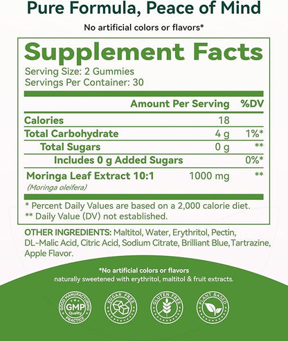 Inner Brightness Moringa Gummies 1000mg Per Serving – 10:1 Moringa Leaf Extract Green Superfood for Energy & Immune Support – Vegan, Non-GMO, 60 Count, Made in US