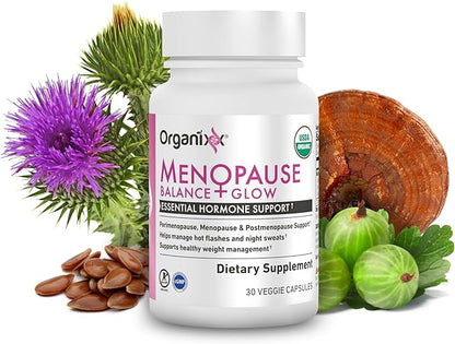 Organixx Menopause Balance + Glow, Womens Supplement with Ashwagandha, Reishi Mushroom, and Milk Thistle, Plant Based Adaptogens and Superfood Blend, Dairy, Soy & Gluten Free, Non GMO, 30 Capsules