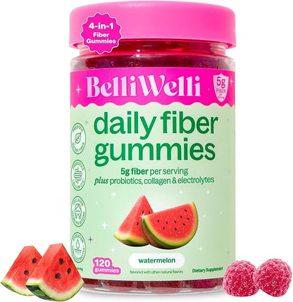 Belli Welli Fiber 4-in-1 Fiber Gummies Supplement with Added Probiotics, Collagen and Electrolytes for Regularity and Bloat Relief, Watermelon, 120 Count