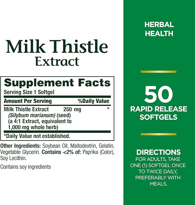 Nature's Bounty Milk Thistle 1000mg, Herbal Health Supplement, Daily Supplement, Gluten Free, Rapid Release Softgels, 50 Ct (Pack of 2)