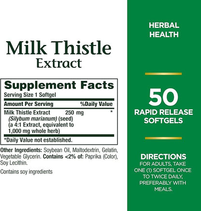 Nature's Bounty Milk Thistle 1000mg, Herbal Health Supplement, Daily Supplement, Gluten Free, Rapid Release Softgels, 50 Ct (Pack of 2)