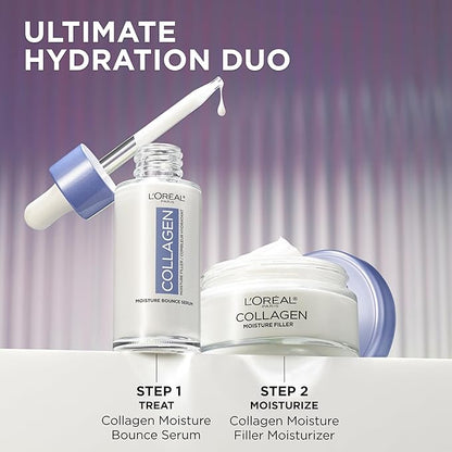 L'Oreal Paris Collagen Moisture Filler Moisture Bounce Face Serum, Glow Serum with Collagen, Glycerin, and Squalane for Bouncy, Radiant, Hydrated Skin, Includes Sample