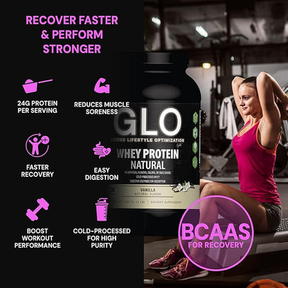 GLO Health Foods Cold-Processed Whey Protein - Vanilla Flavor - 24g Protein per Serving - Whey with Digestive Enzymes & BCAAs - Supports Muscle Growth, Strength & Recovery - 2 LB (28 Servings)