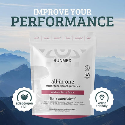 SUNMED All-in-One Mushroom Gummy Supplements for Focus, Energy, Mood & Immune Support – 10 Functional Mushrooms (Lion’s Mane, Reishi, Cordyceps, Chaga) | Wild Raspberry Flavor, 60ct