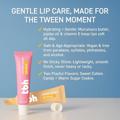 TBH Kids Lip Butter Balm for Kids | Vegan Tinted Lip Balm & Lip Gloss for Girls | Safe, Hydrating, Natural Tween Lip Care - Cotton Candy & Sugar Cookie Flavors