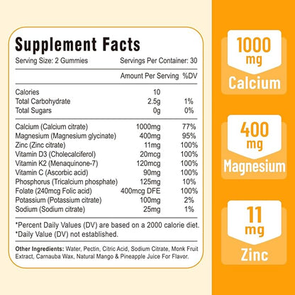 Calcium Magnesium Zinc Gummies with Vitamin D3 and K2, High Absorption Magnesium Glycinate Potassium for Immune and Calm Mood, Vegan Mango and Pineapple Flavor 120 Gummies
