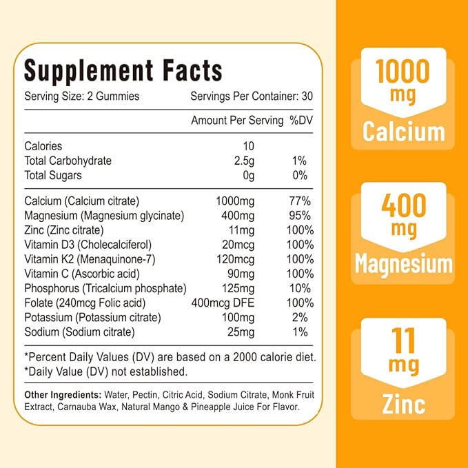 Calcium Magnesium Zinc Gummies with Vitamin D3 and K2, High Absorption Magnesium Glycinate Potassium for Immune and Calm Mood, Vegan Mango and Pineapple Flavor 60 Gummies