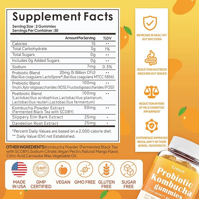 Probiotic Kombucha Gummies Sugar Free Prebiotic Postbiotic Probiotics Gummies with Slippery Elm for Women and Men Bloating Gut Health Immune and Digestive Support - 60 Gummies - 30 Servings