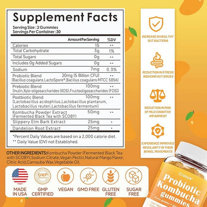Probiotic Kombucha Gummies Sugar Free Prebiotic Postbiotic Probiotics Gummies with Slippery Elm for Women and Men Bloating Gut Health Immune and Digestive Support - 60 Gummies - 30 Servings