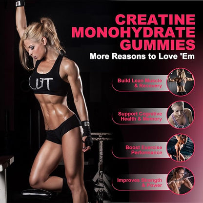 Creatine for Women, Creatine Monohydrate Gummies with Collagen, BCAA, L-Carnitine & Taurine, Strawberry Flavor, Energy Creatine Supplement for Muscle Strength, Energy Boost, Sugar Free, 120 Count