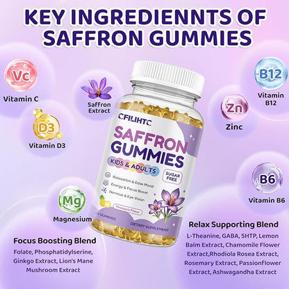Saffron Gummies for Kids & Adults, 20-in-1 Saffron Supplements with 88.5mg Saffron Extract, B6, B12, C, D3, Magnesium for Calm, Focus, Nerve, Sugar Free, Vegan, Non-GMO - Pineapple Flavor, 60 Counts
