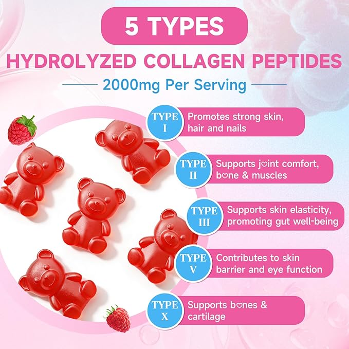 Collagen Peptide Gummies for Women & Men, Collagen Protein Type I,II,III,V,X with Biotin Vitamin C, D, Hydrolyzed Collagen Supplement for Skin, Hair, Nails, Raspberry Flavor, 60 Count