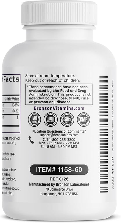 Bronson Sambucus Elderberry with Zinc & Vitamin C Triple Immune Support Complex Immune & Antioxidant Protection, Non-GMO, 60 Vegetarian Capsules