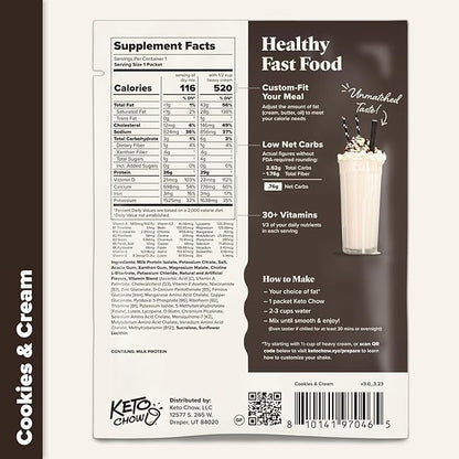 Keto Chow Cookies & Cream - Keto Meal Replacement Shake Powder - Nutritionally Complete - Low Carb - Delicious Easy Meal Substitute - Protein Rich You Choose The Fat - Single Meal Sample