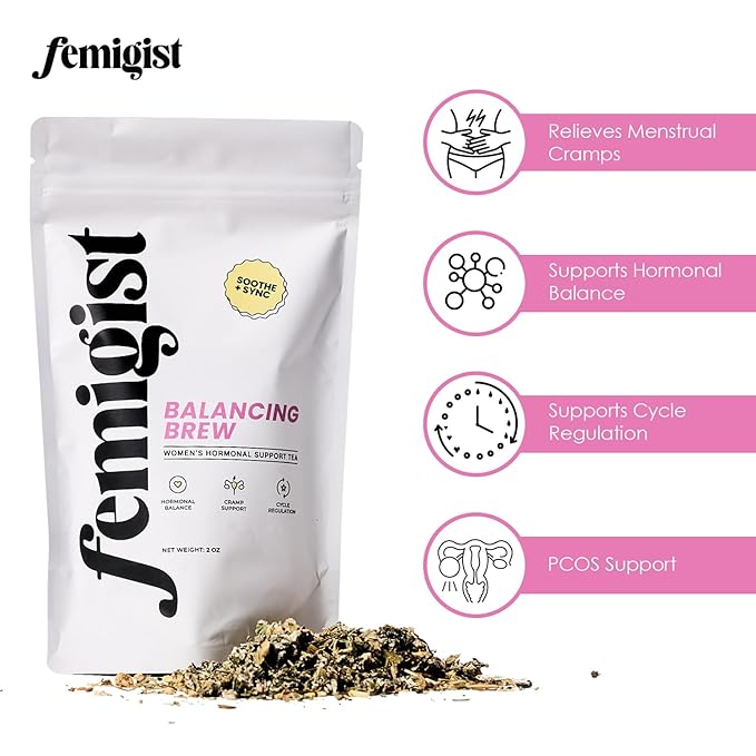 Femigist Balancing Brew Hormone Tea for Women, Loose Leaf Herbal Blend with Raspberry, Spearmint, Licorice, Nettle, PMS Relief, PCOS Cycle Support, Caffeine-Free Fennel Menstrual Cramp Tea