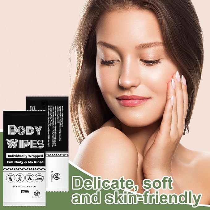 Individually Wrapped Body Wipes Bulk Bath Wipe, Women Men Large Adult Disposable Body Shower Wipes No Rinse-Free Bathing Cloths Wipe for Outdoors After Gym Camping Travel (50, Black, 12 x 10.3 in)