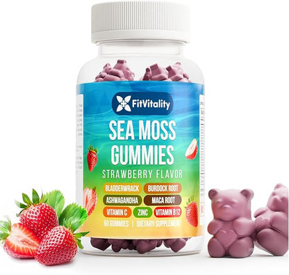 60 Sea Moss Gummies | 9-in-1 Formulation with Irish Sea Moss, Ashwagandha, Burdock, Elderberry, Bladderwrack, Maca, Zinc, B12 | Energy & Immune Support | Strawberry Flavor Vegan Gummies